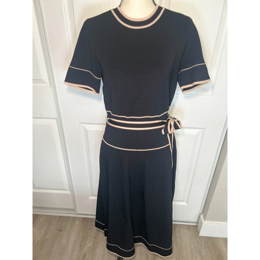 Shoshanna Addison Fit Flare Knit Dress‎ XL Black Beige Tipped Short Sleeve Midi
